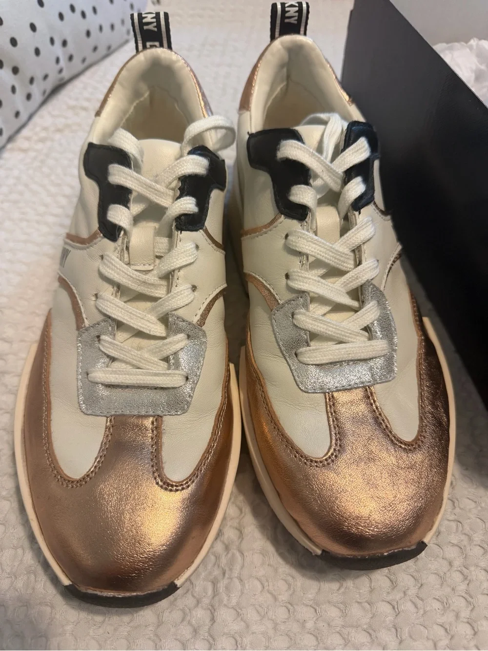 DKNY White, Rose Gold & Silver Leather Platform retro Sneakers